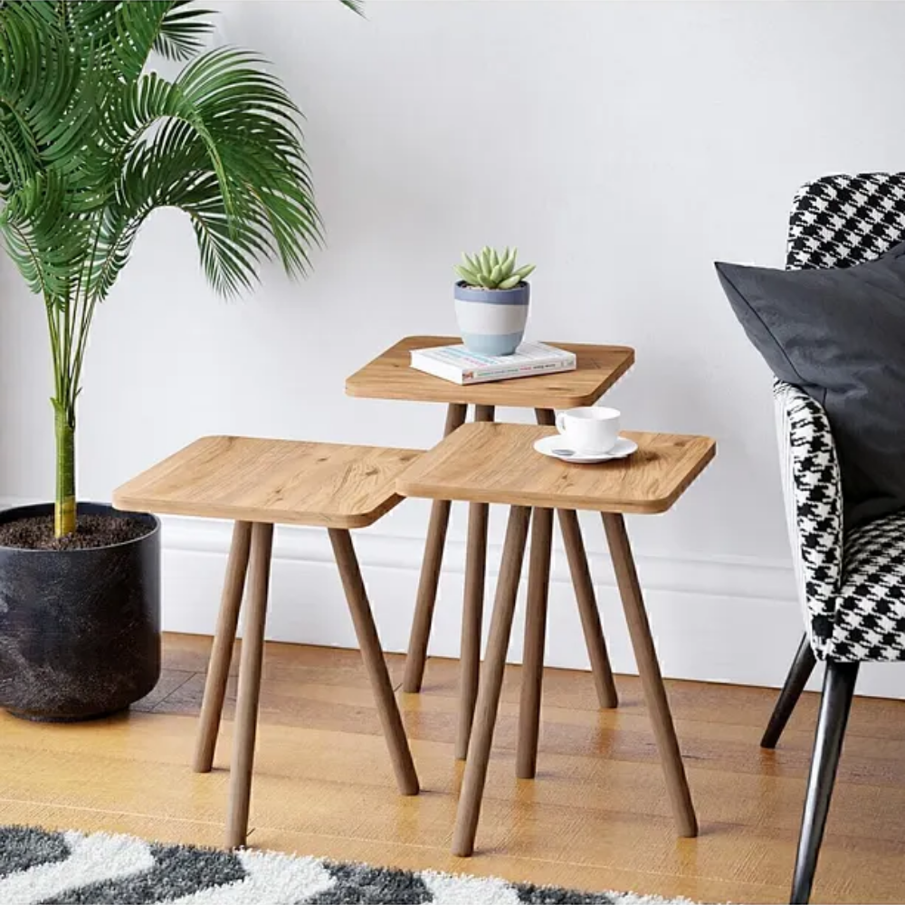 Triple Nesting Table Wooden Legs Square Design Pine Pattern