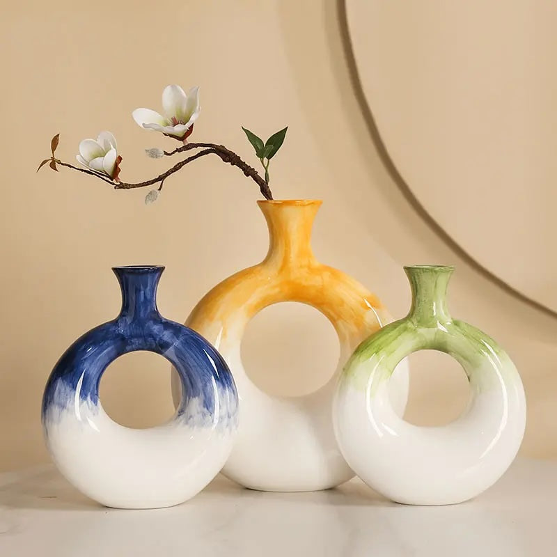 Sculpted Ceramic Color Ring Vases – Set of 2