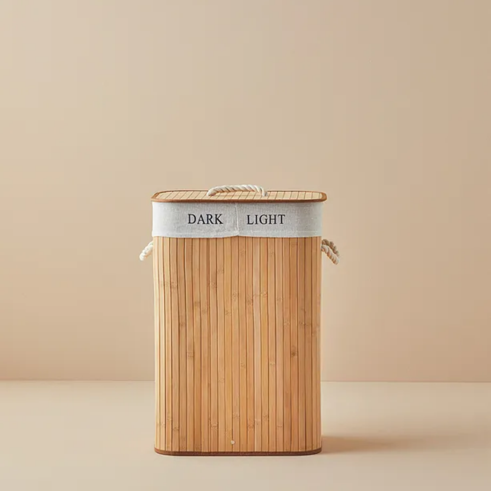 Fancy Foldable 2-Compartment Bamboo Laundry Basket Beige