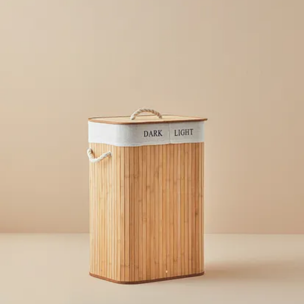 Fancy Foldable 2-Compartment Bamboo Laundry Basket Beige