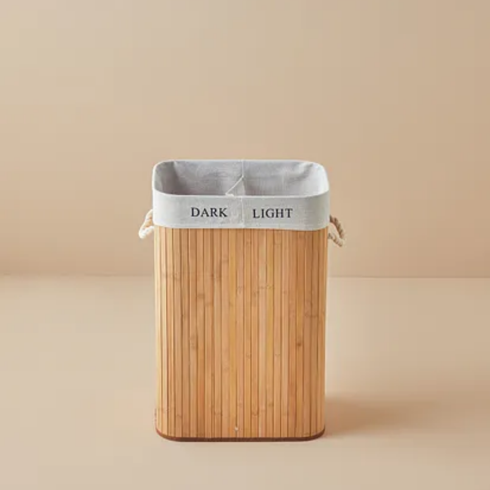 Fancy Foldable 2-Compartment Bamboo Laundry Basket Beige