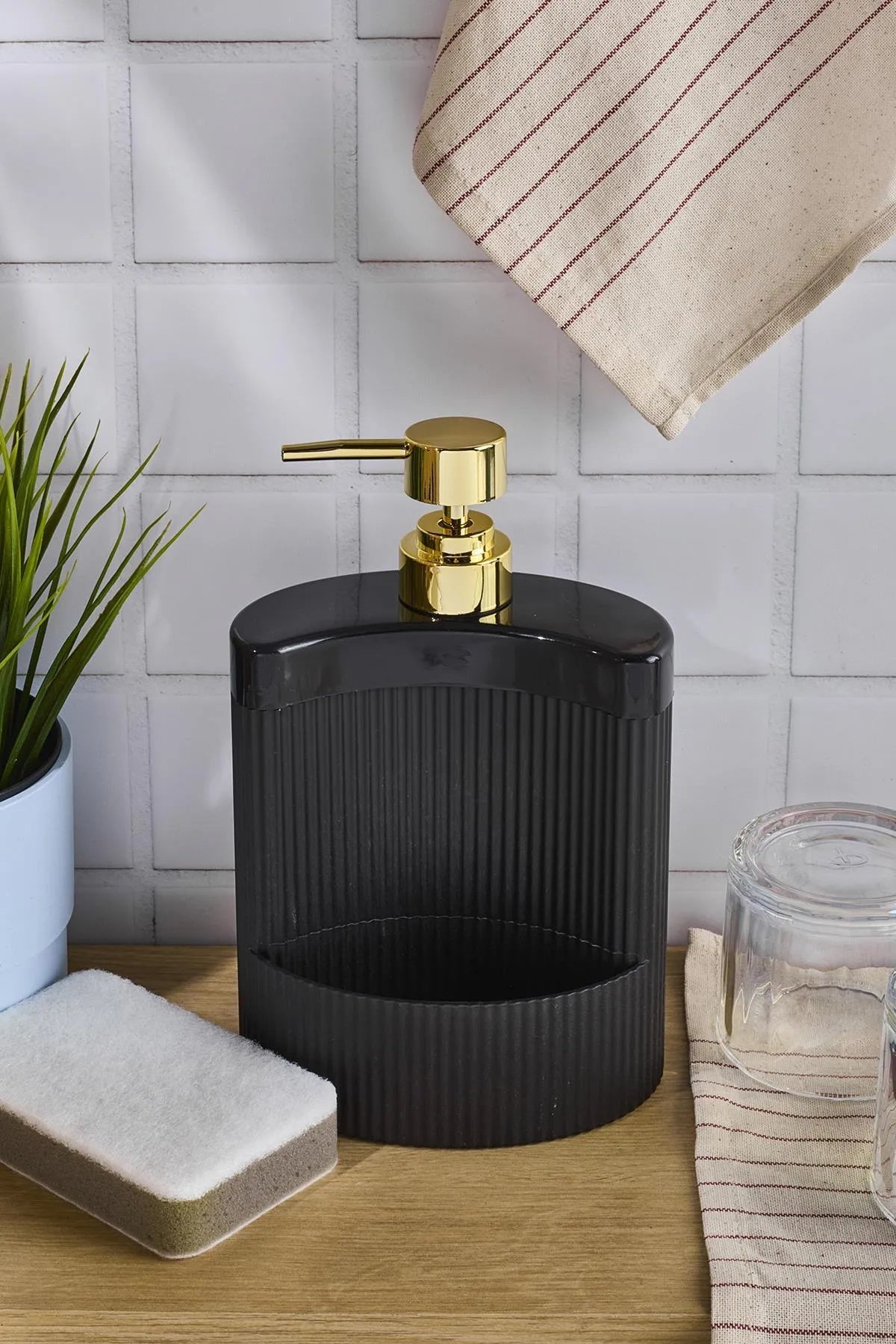 Black Acrylic Kitchen Oval Liquid Soap Dispenser Mix 540ml with Sponge Chamber AtelierCasa