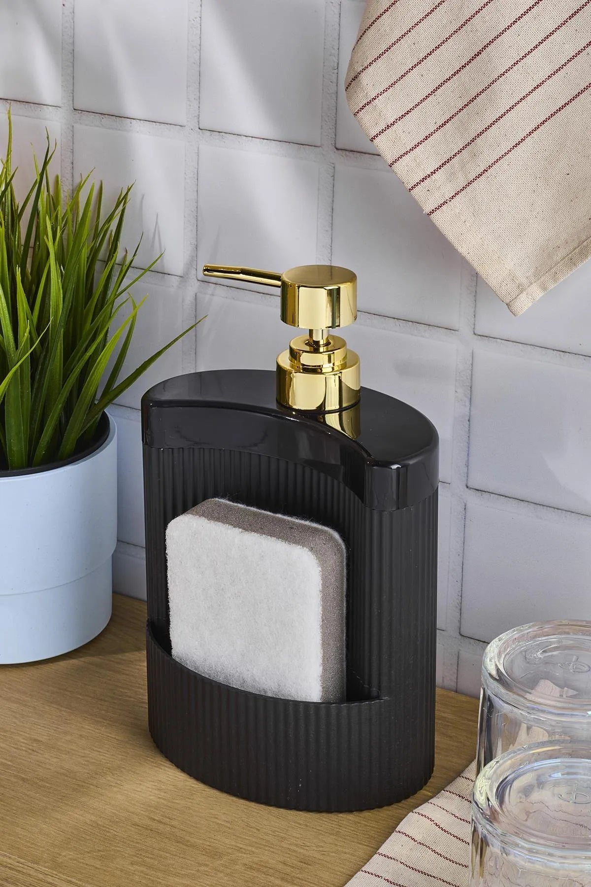 Black Acrylic Kitchen Oval Liquid Soap Dispenser Mix 540ml with Sponge Chamber AtelierCasa