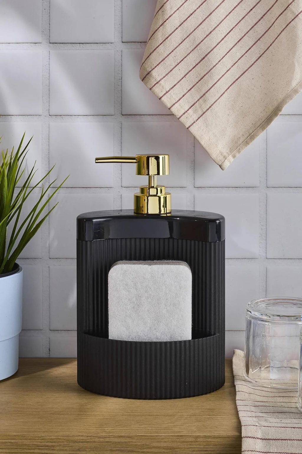 Black Acrylic Kitchen Oval Liquid Soap Dispenser Mix 540ml with Sponge Chamber AtelierCasa