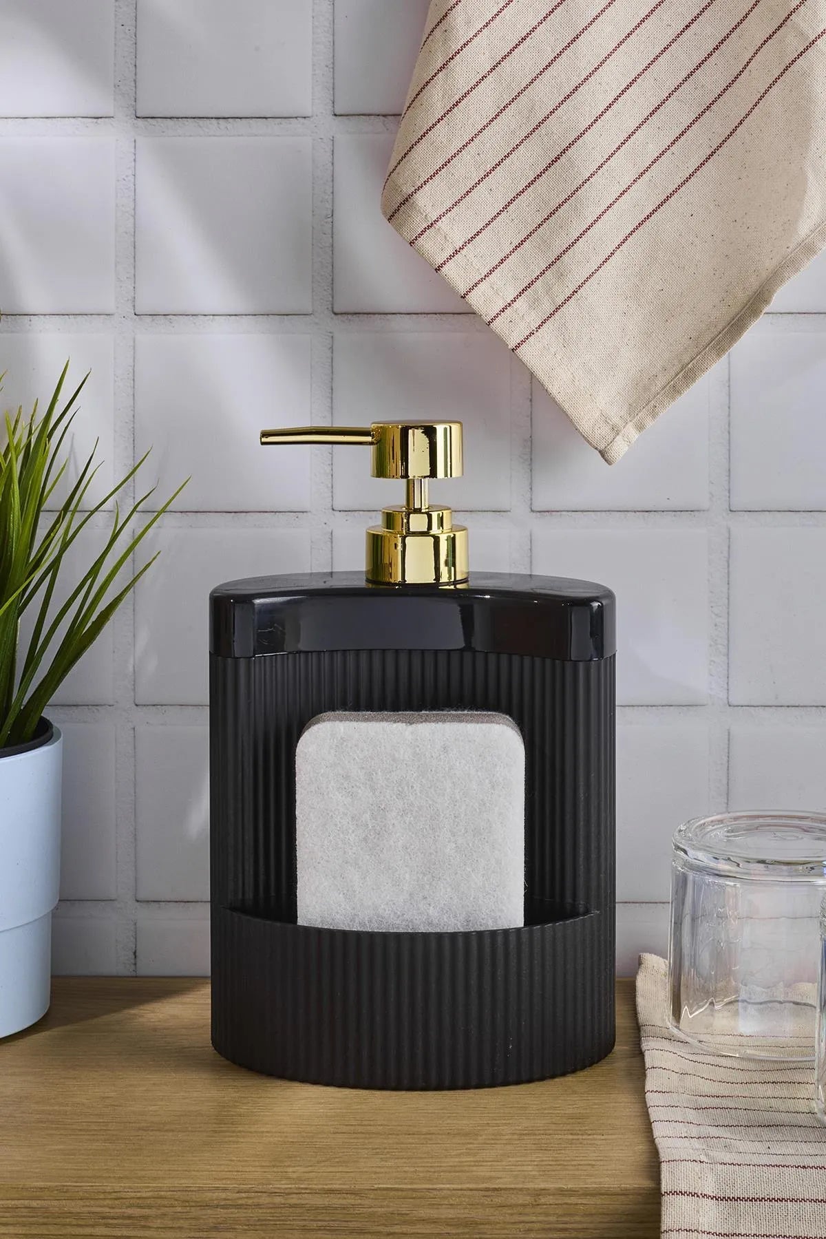 Black Acrylic Kitchen Oval Liquid Soap Dispenser Mix 540ml with Sponge Chamber AtelierCasa
