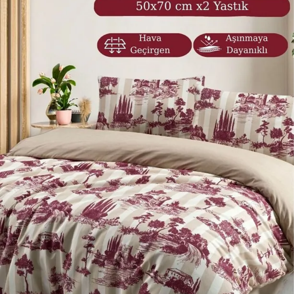 Double Duvet Cover Set 4 Pieces Dowry Helena Cream-burgundy 200x220 Cm Cotton, Nature Pattern Soft
