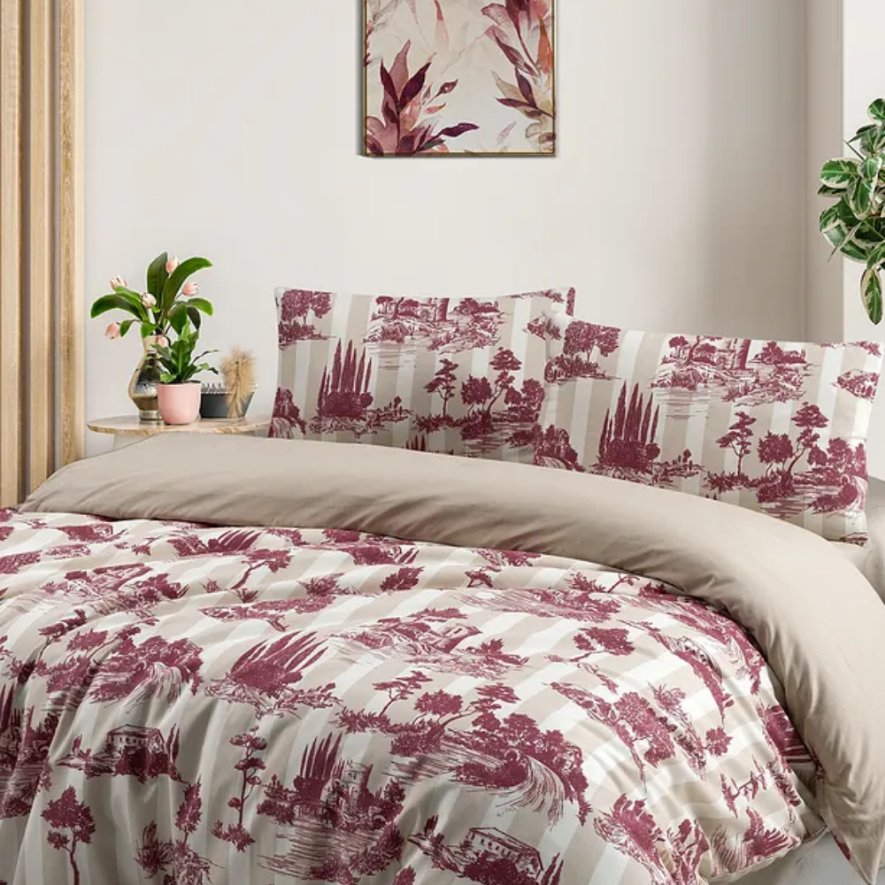 Double Duvet Cover Set 4 Pieces Dowry Helena Cream-burgundy 200x220 Cm Cotton, Nature Pattern Soft