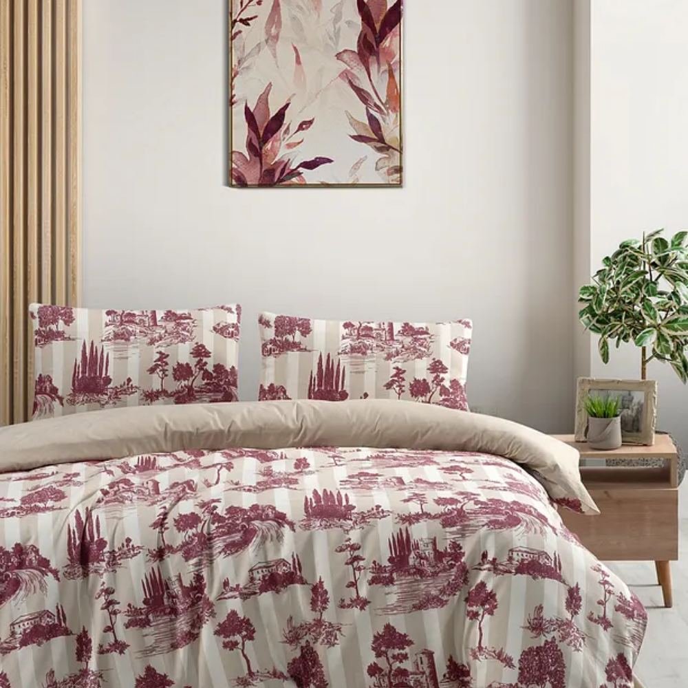 Double Duvet Cover Set 4 Pieces Dowry Helena Cream-burgundy 200x220 Cm Cotton, Nature Pattern Soft
