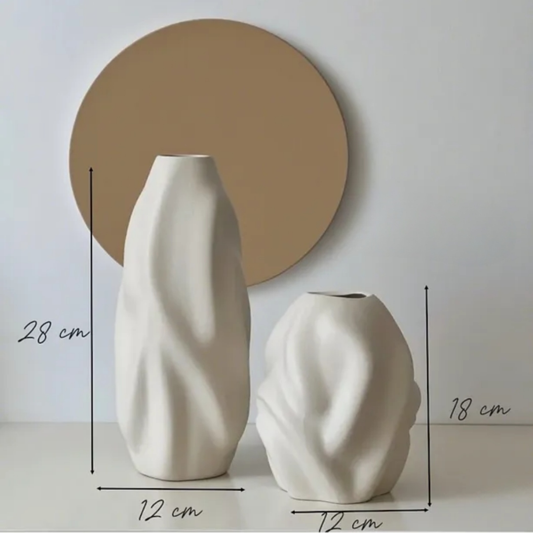 Cream Color Ceramic Vase Set of 2 Wave Pattern Elegant Bohemian