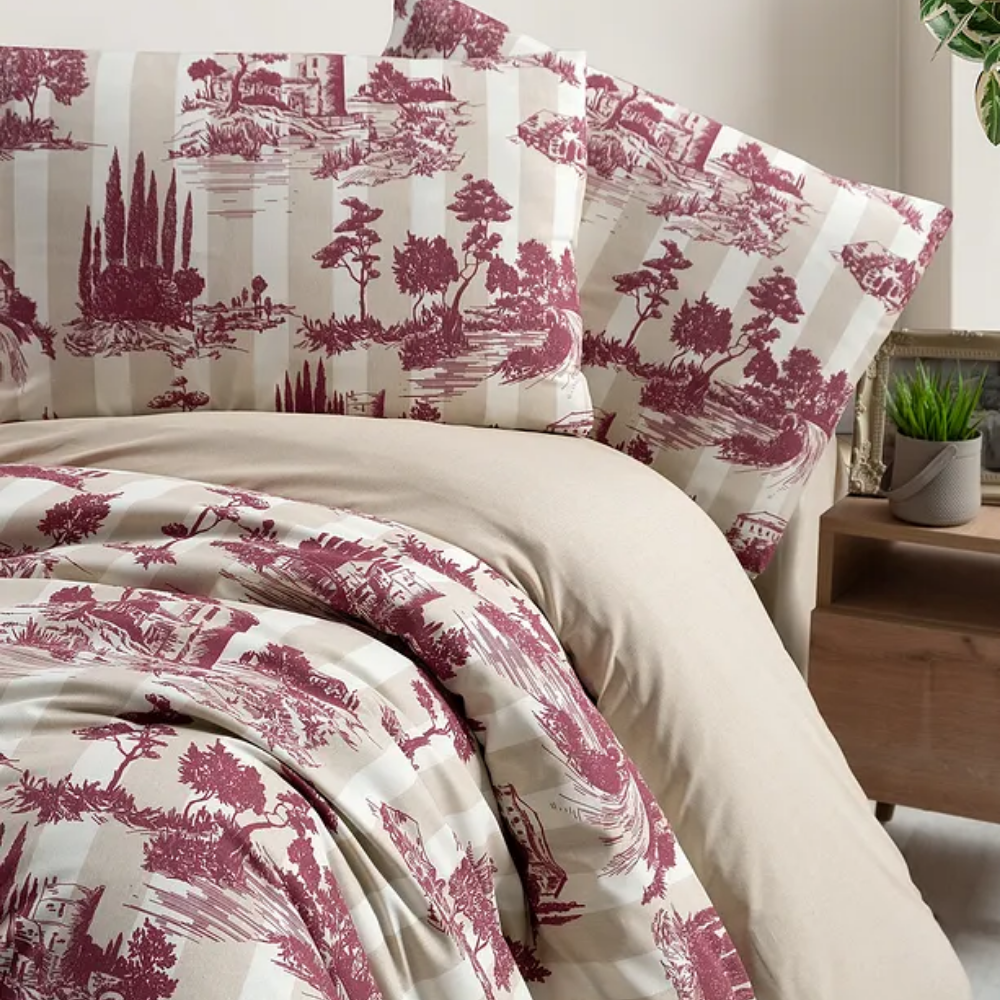 Double Duvet Cover Set 4 Pieces Dowry Helena Cream-burgundy 200x220 Cm Cotton, Nature Pattern Soft