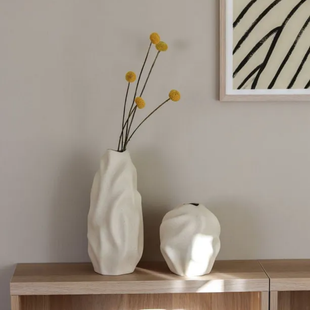 Cream Color Ceramic Vase Set of 2 Wave Pattern Elegant Bohemian