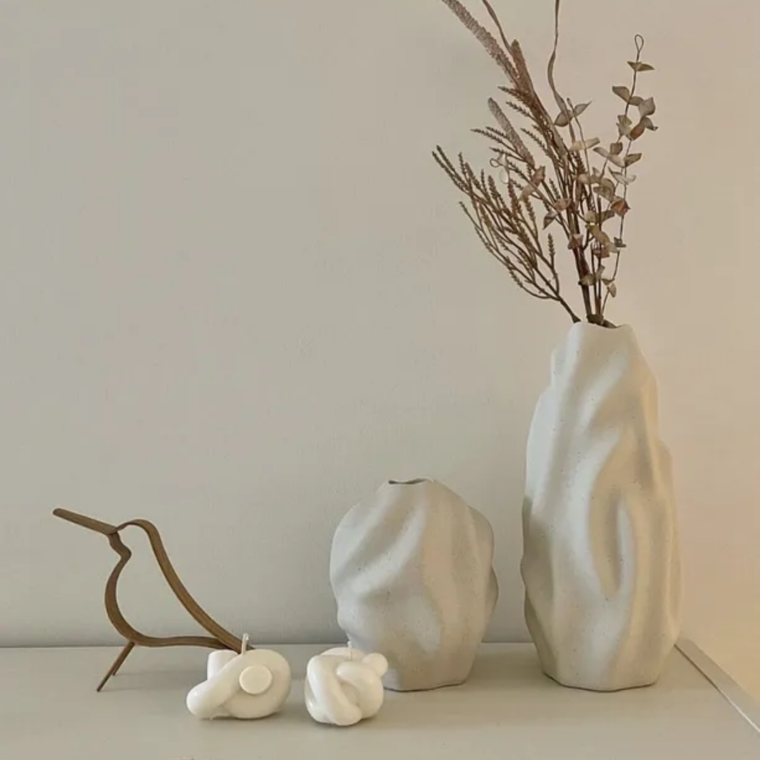 Cream Color Ceramic Vase Set of 2 Wave Pattern Elegant Bohemian