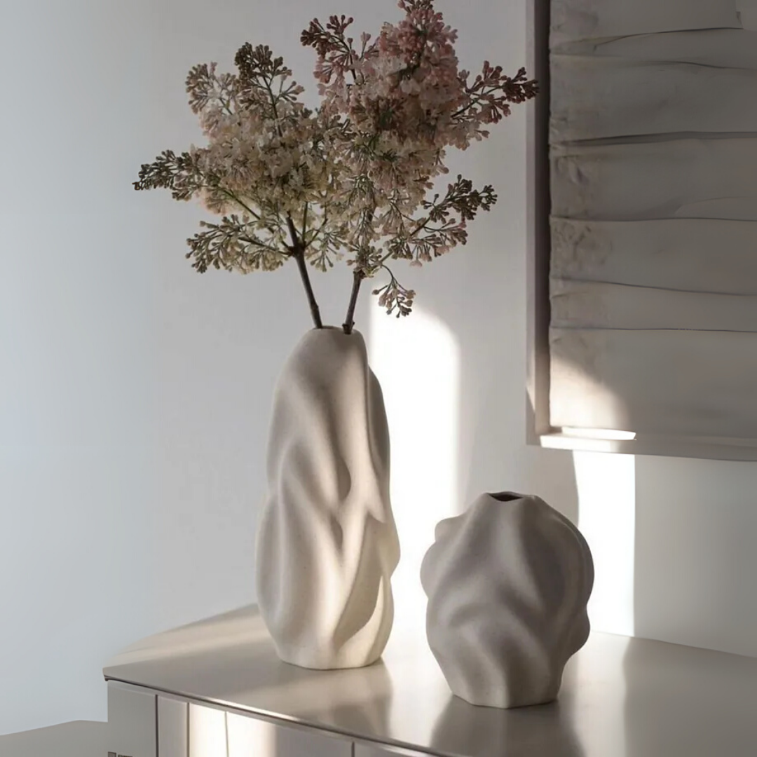 Cream Color Ceramic Vase Set of 2 Wave Pattern Elegant Bohemian