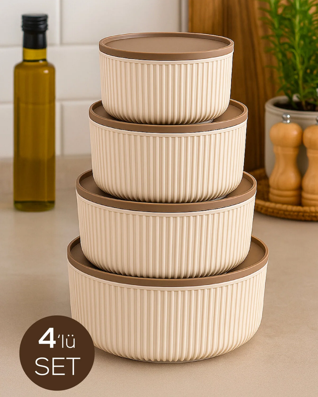4-Piece Round Storage Container Set Striped Beige