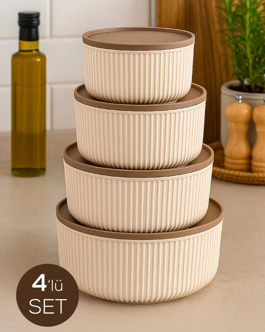 4-Piece Round Storage Container Set Striped Beige