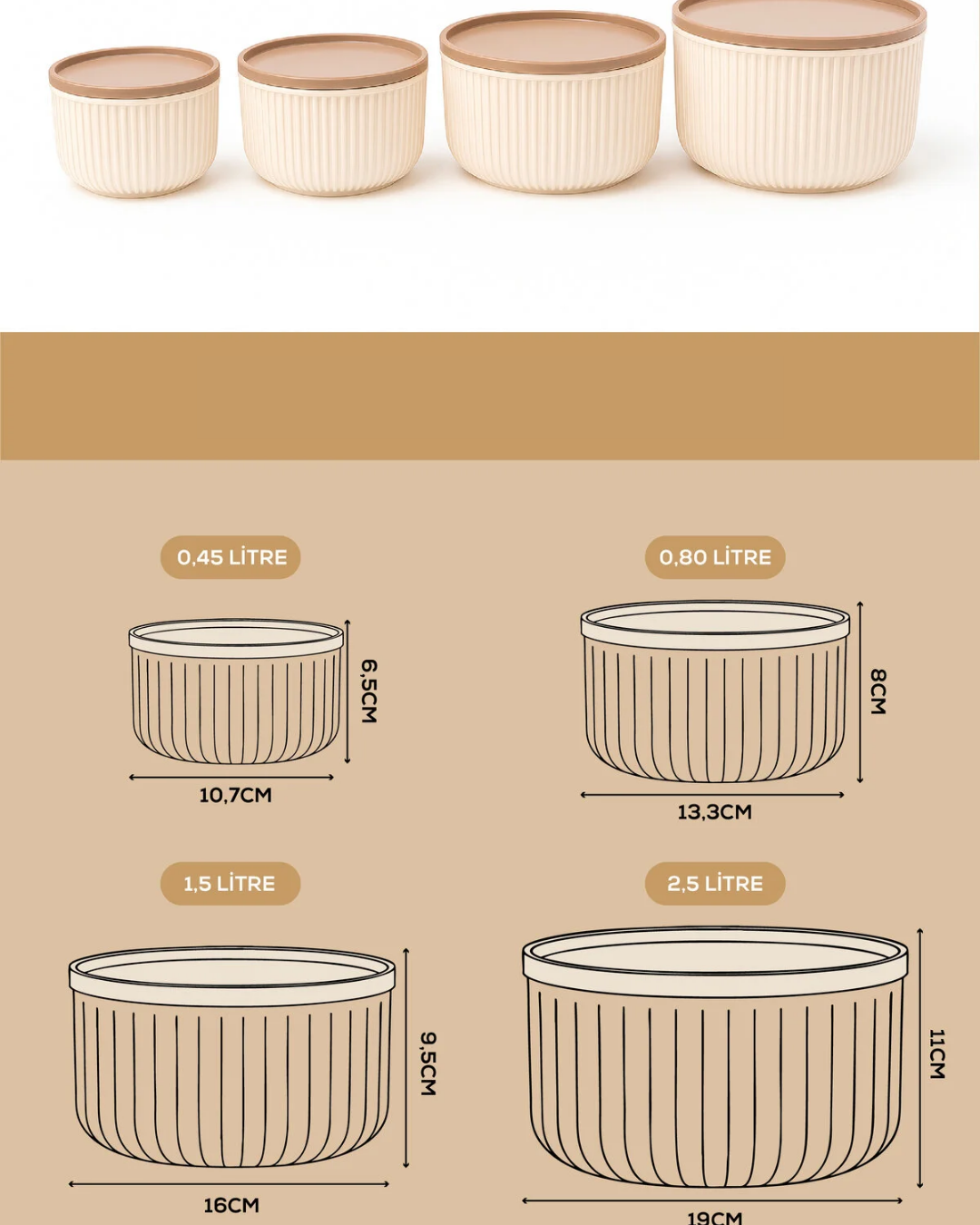 4-Piece Round Storage Container Set Striped Beige