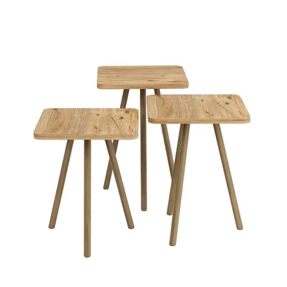 Triple Nesting Table Wooden Legs Square Design Pine Pattern