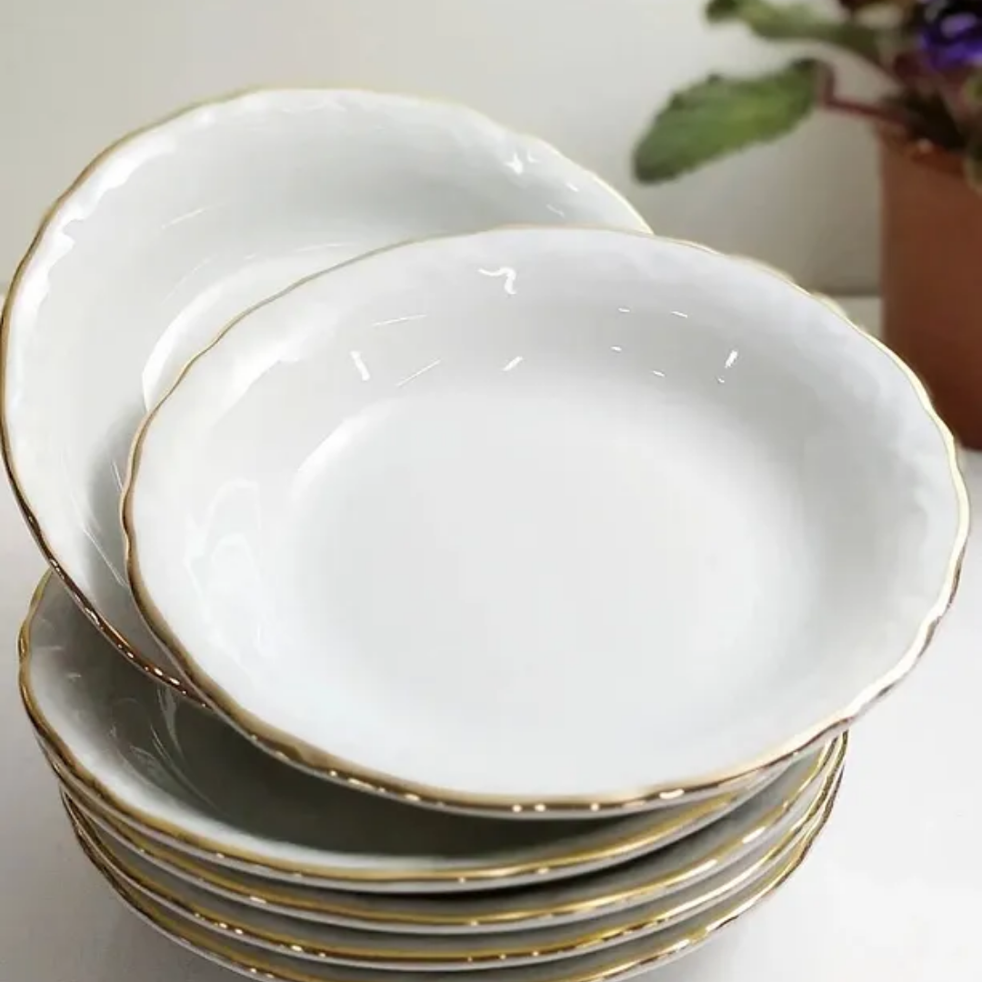 6-Piece Gold Gilded 14cm Porcelain Deep Plate