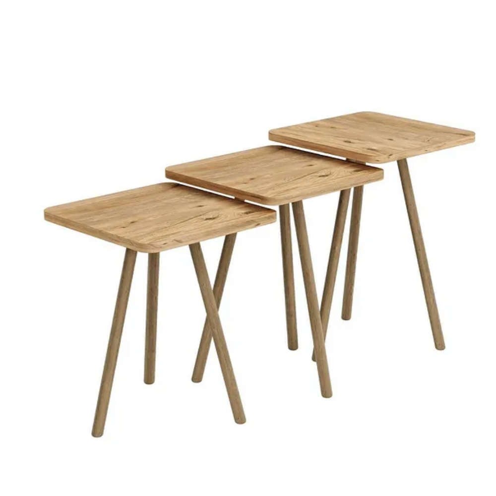Triple Nesting Table Wooden Legs Square Design Pine Pattern