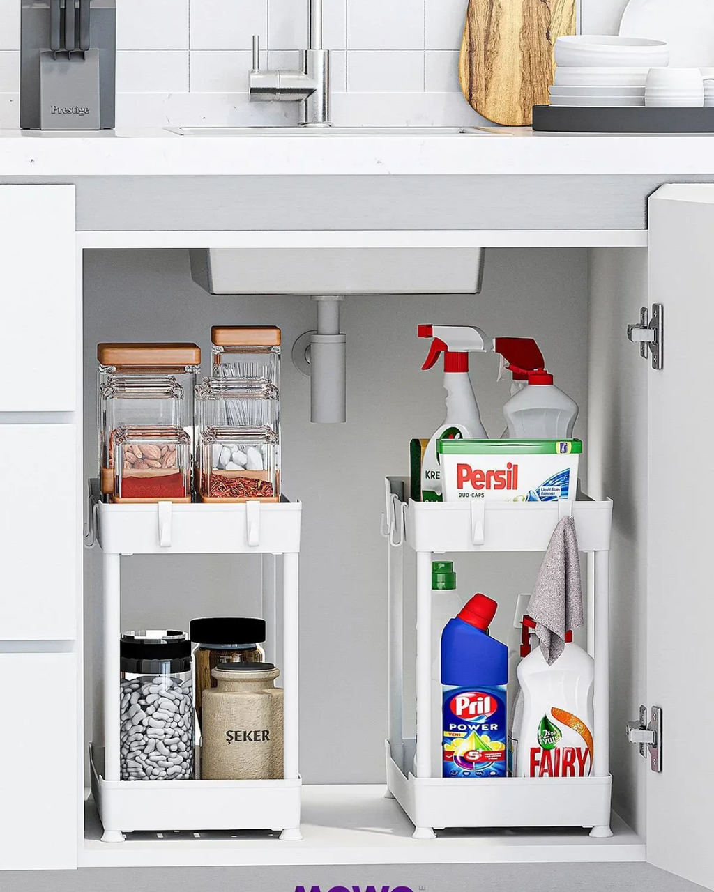 White 2-Tier Organizer Kitchen Shelf Bathroom Shelf, Cabinet Under Counter Sink Detergent Holder