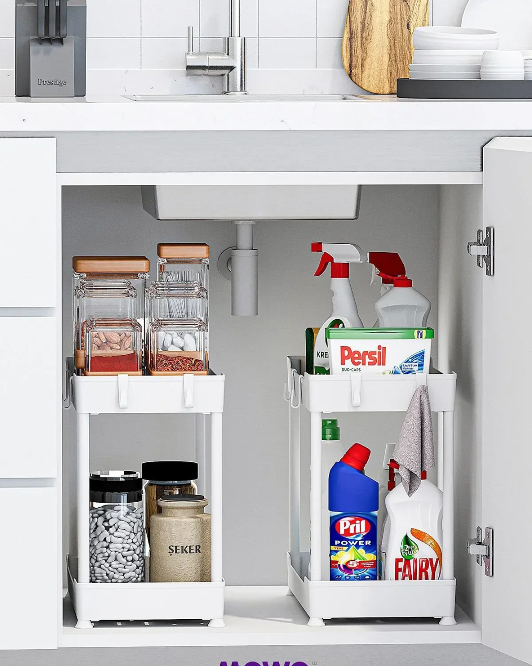 White 2-Tier Organizer Kitchen Shelf Bathroom Shelf, Cabinet Under Counter Sink Detergent Holder