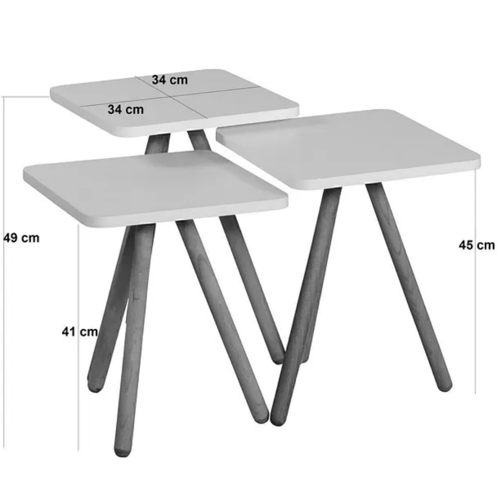 Triple Nesting Table Wooden Legs Square Design Pine Pattern
