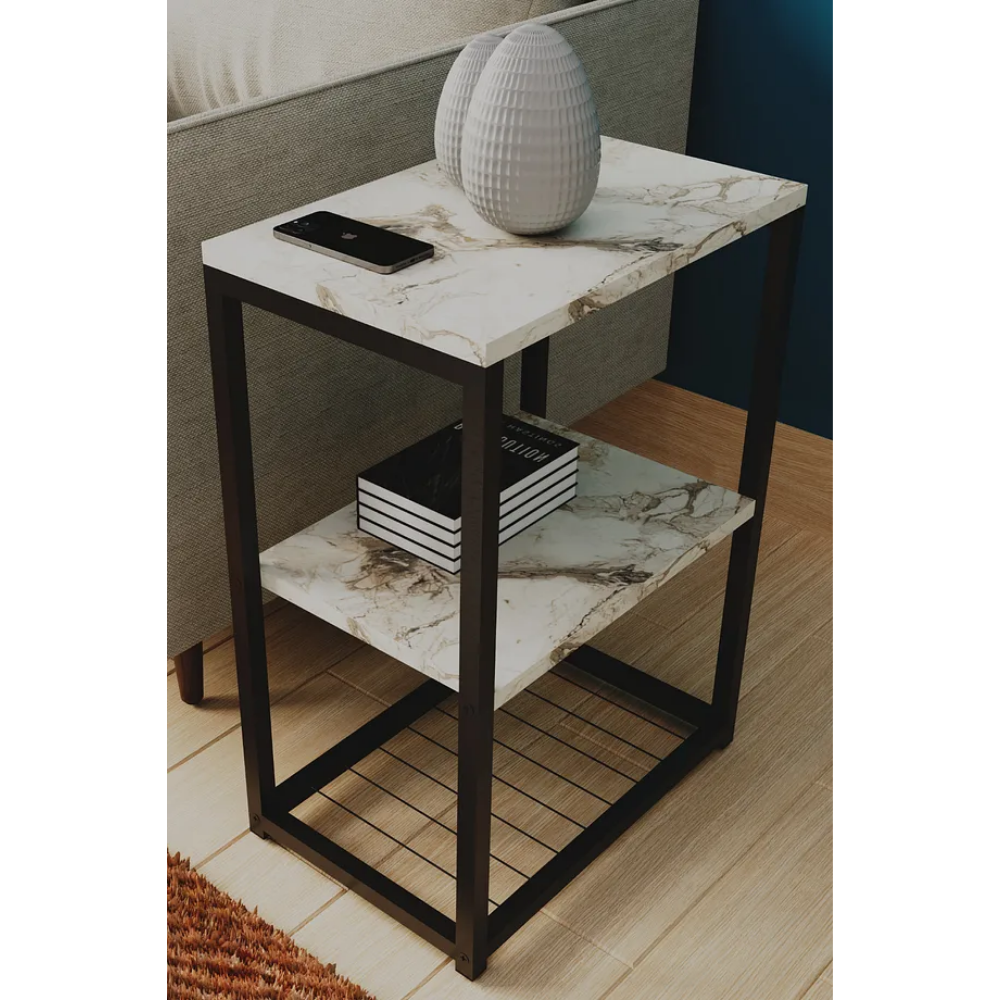 Decorative Side Table with Metal Legs and Wooden Shelves