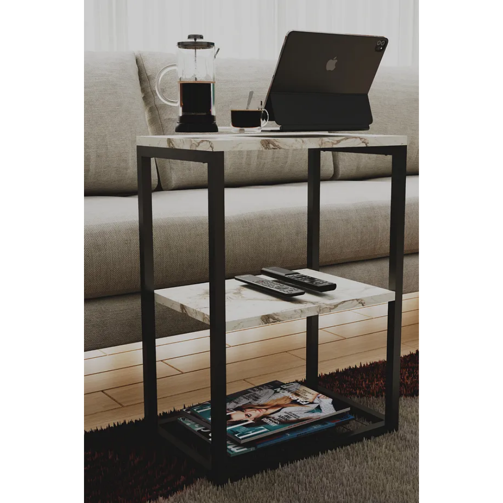Decorative Side Table with Metal Legs and Wooden Shelves