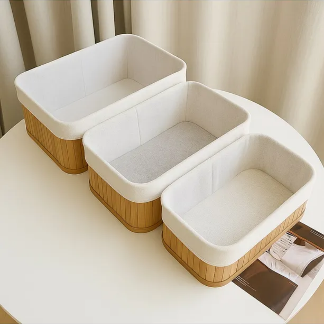 3-piece Bamboo Patterned Fabric Covered Organizer Box Set