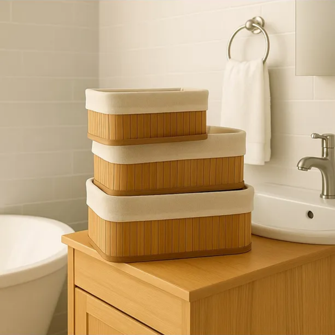 3-piece Bamboo Patterned Fabric Covered Organizer Box Set
