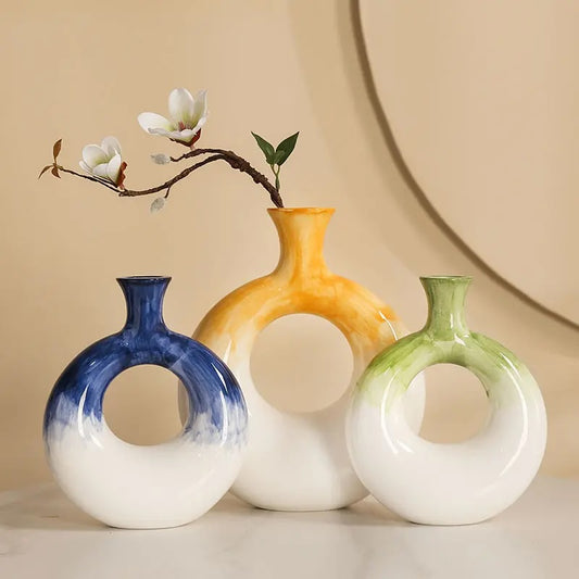 Sculpted Ceramic Color Ring Vases – Set of 2